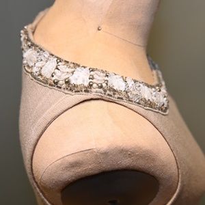 St. John Couture Tan Knit Dress w/ Sequin Neckline